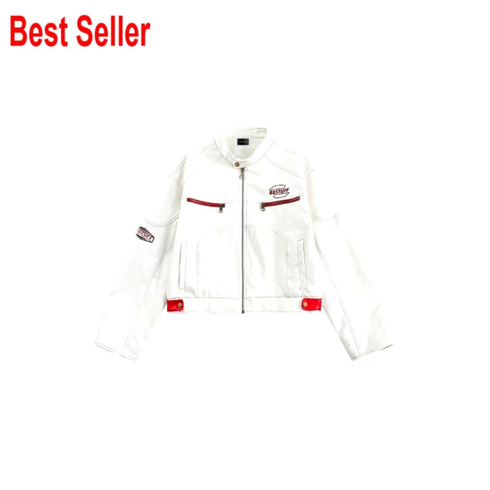 Cropped Moto Biker Jacket PU Leather Stand Collar Zip Pockets Racing Coat